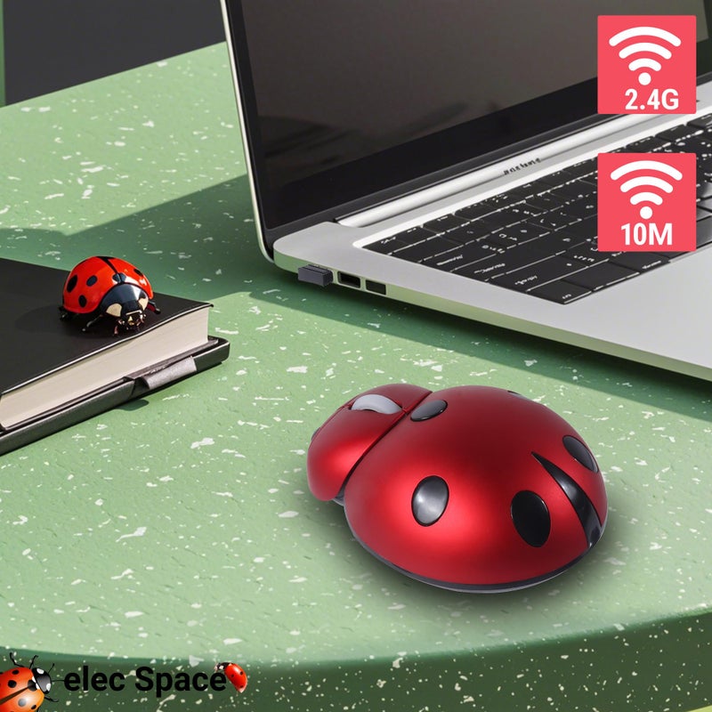 elec Space Mini Small Wireless Mouse for Kids, Cute Animal Ladybug Shape 3000DPI Portable Mobile Optical Mouse with USB Receiver Cordless Mouse for PC Mac Laptop Computer Notebook (Red) - Image 3